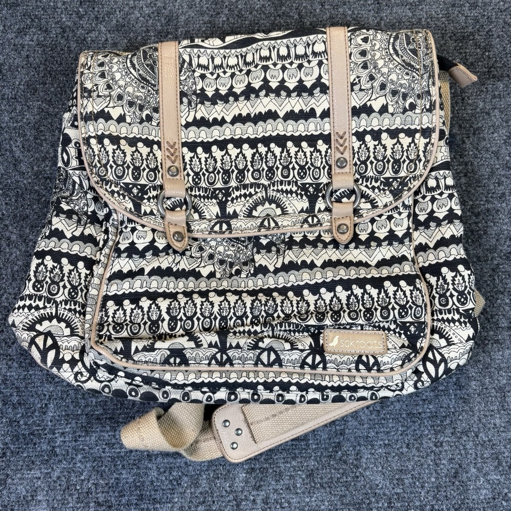 Sakroots Artist Circle Messenger Bag Womens Medium Black White Elephant Canvas